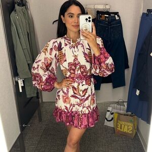 FARM Rio Sunset Tapestry Long Sleeve Belted Shirtdress